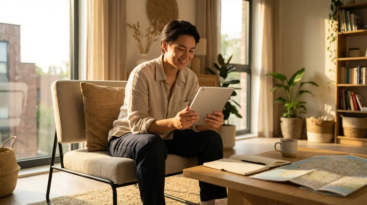 Traveler using a digital device in a comfortable home setting.