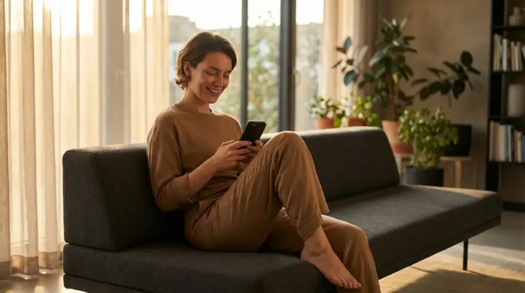 Traveler using a smartphone to book a vacation in a modern living room.
