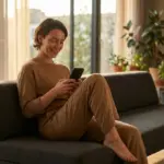 Traveler using a smartphone to book a vacation in a modern living room.