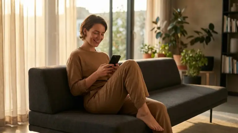Traveler using a smartphone to book a vacation in a modern living room.
