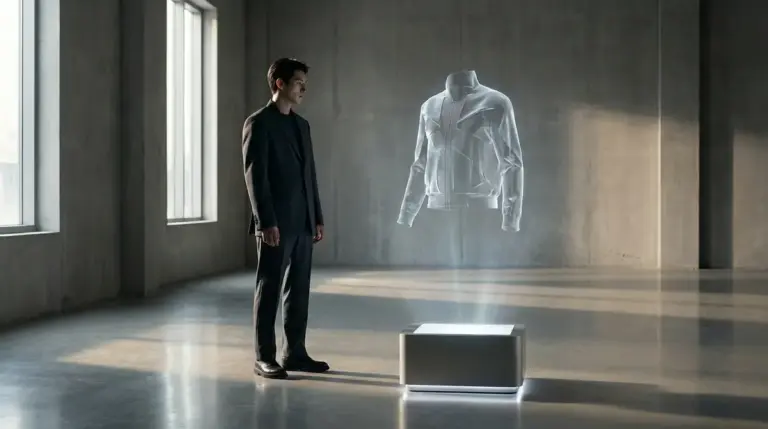 A person interacting with a futuristic holographic clothing display in a minimalist studio.