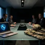 Laptop with security shield facing military gear on a conference table