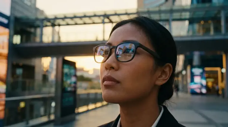 Conceptual visualization of Apple's rumored smart glasses worn by a user in an urban environment.