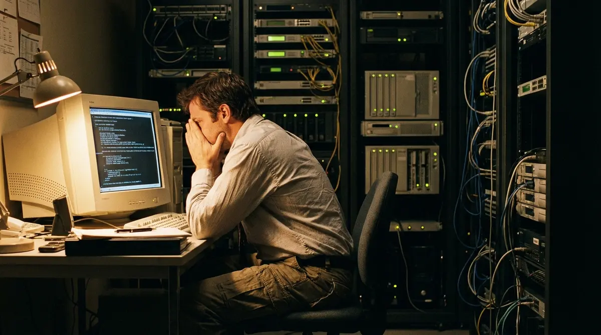 A stressed sysadmin staring at a monitor in a dark server room.