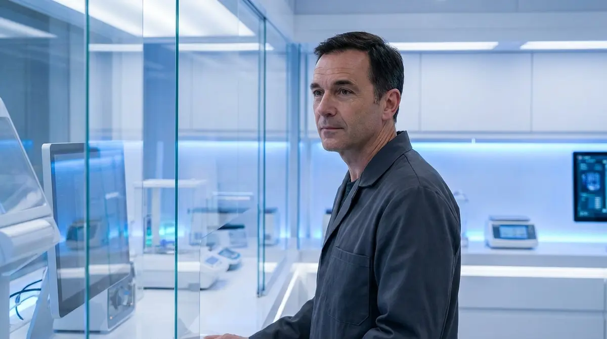 Bryan Johnson standing in a high-tech longevity laboratory setting.