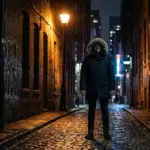 Person in winter coat standing in dark city street