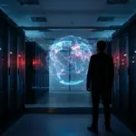 Silhouette of a cybersecurity analyst monitoring a glowing digital network map in a server room.