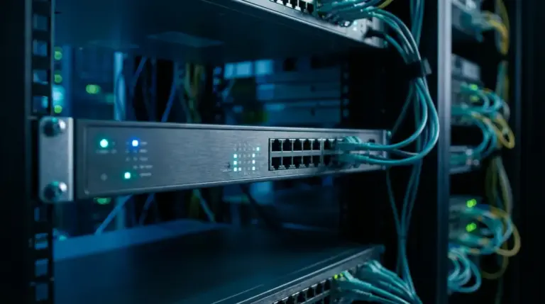 Close-up of a high-end Cisco networking switch in a server rack