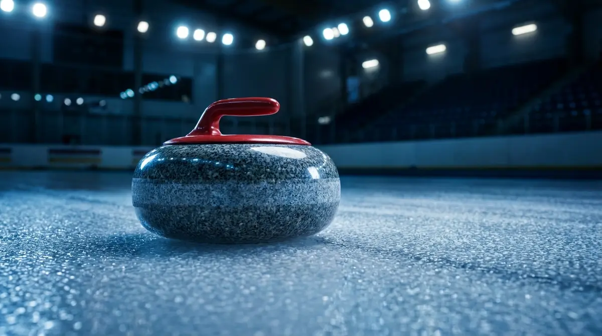 Close-up of a curling stone gliding on pebbled ice under arena lights.