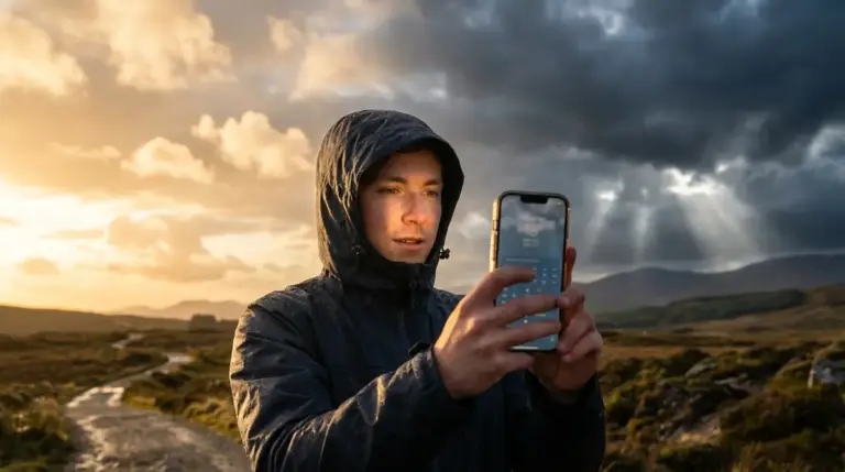 A user checking a weather app under a sky that is split between sunshine and storm clouds.