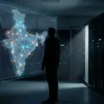 Silhouette of a figure observing a digital network map of India in a server room.