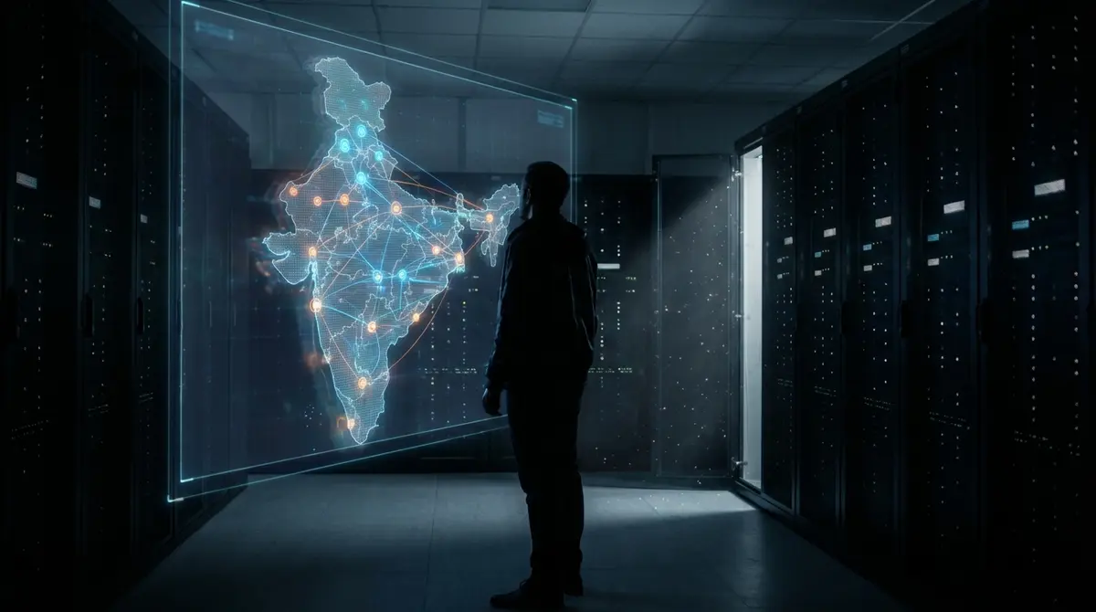 Silhouette of a figure observing a digital network map of India in a server room.
