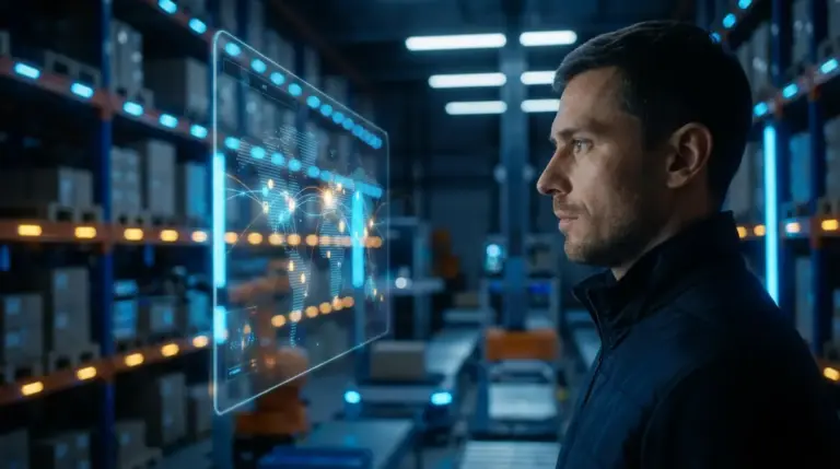 Warehouse manager viewing autonomous supply chain data on a futuristic interface.