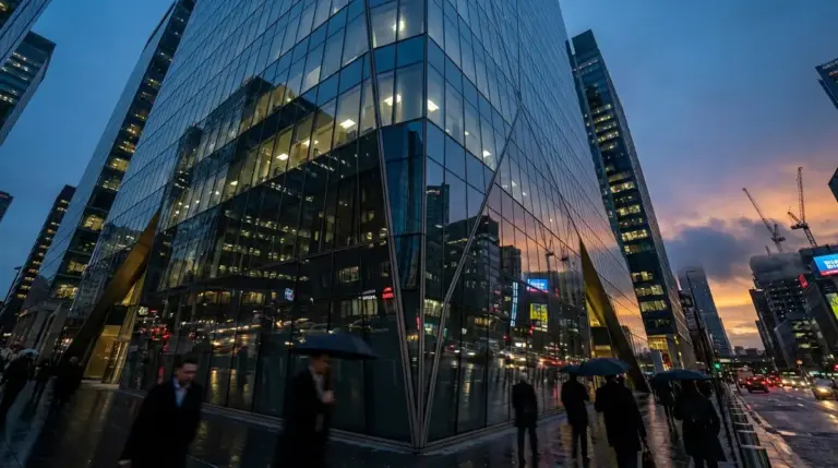 Modern corporate skyscraper at twilight representing the business environment for Fractal Analytics.