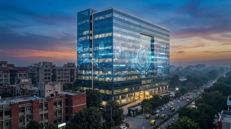 Modern skyscraper in New Delhi representing corporate investment