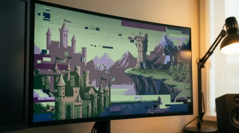 Monitor screen showing a glitching AI-generated video game landscape.