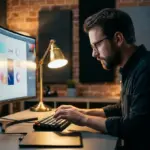 Professional designer working at a high-end computer workstation in a studio setting.