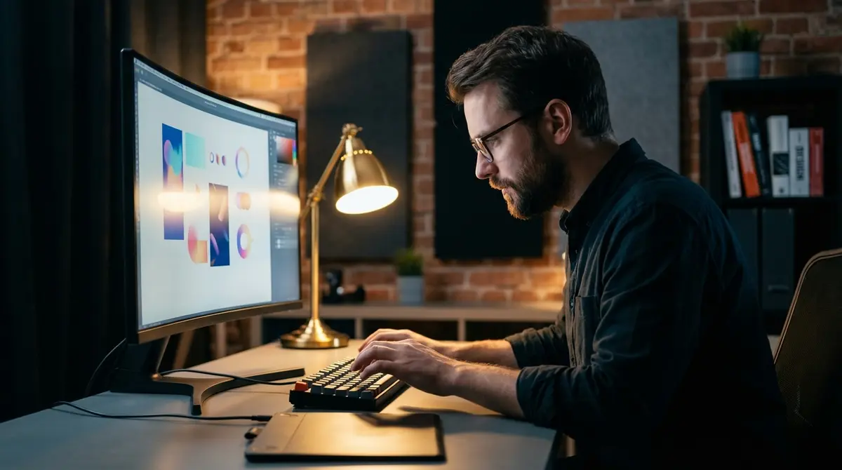 Professional designer working at a high-end computer workstation in a studio setting.
