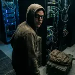 IT worker looking anxious in a server room environment.