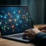 Laptop screen displaying a digital network graph of data connections.