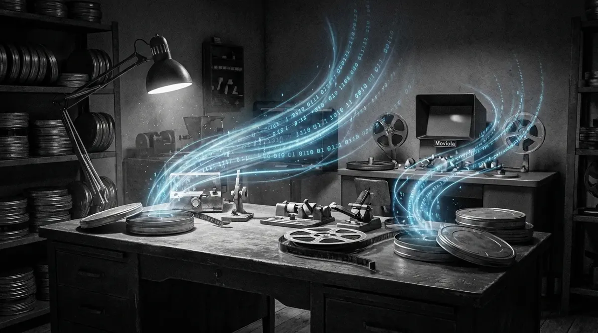 Vintage film reels dissolving into digital data streams representing AI film restoration.
