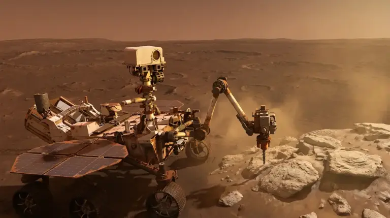 Perseverance rover examining rocks on Mars surface