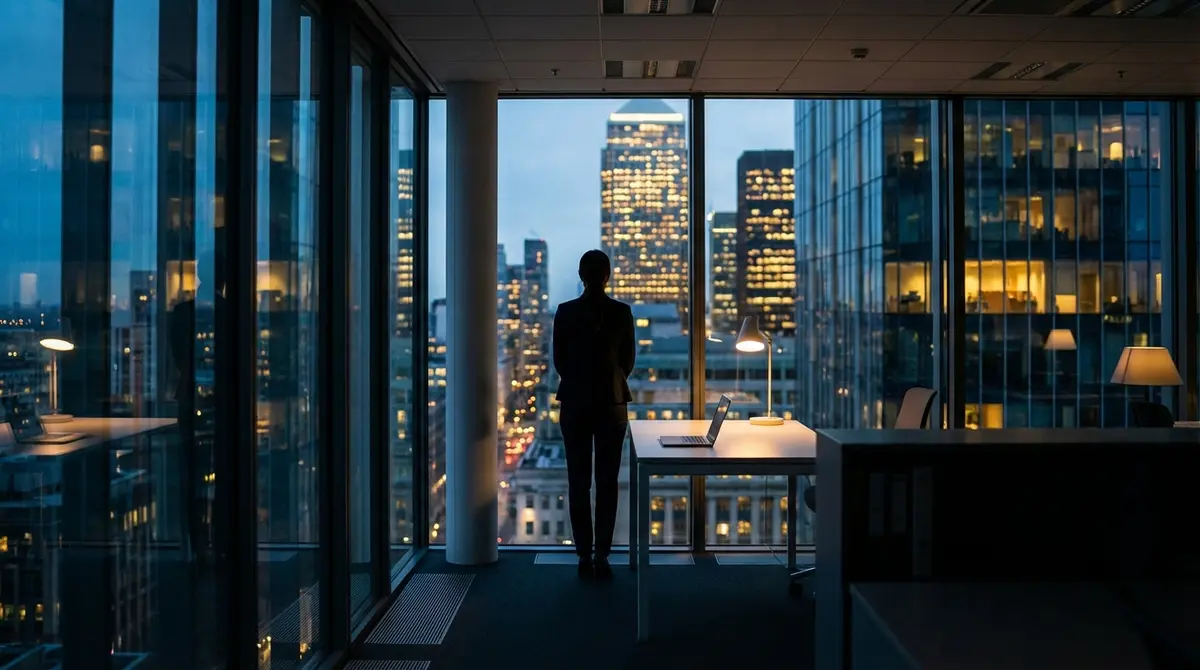Silhouette of a female executive overlooking a city skyline