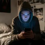 Teenager looking intently at a smartphone in a dark room representing compulsive usage.