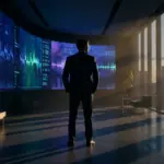 Silhouette of a modern business executive looking at financial data