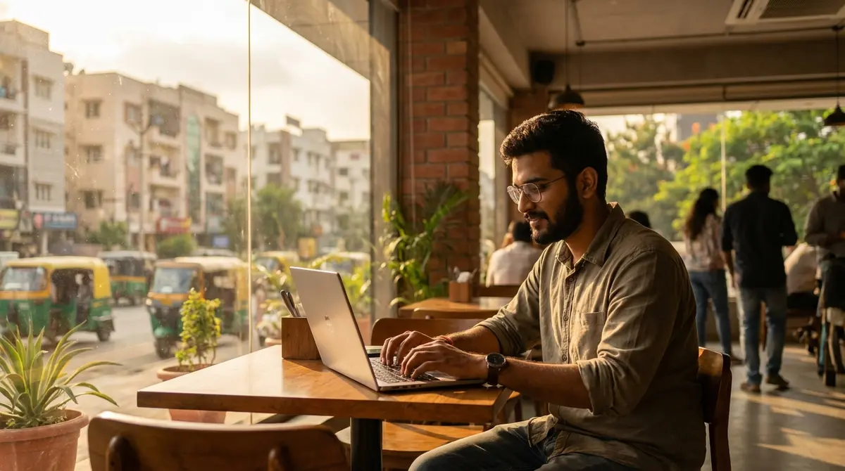 Young developer working on a laptop in a modern Bengaluru setting