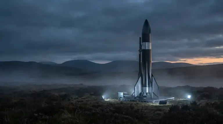 A rocket standing idle on a misty launchpad representing the stalled Orbex program.