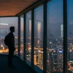 Silhouette of a tech professional overlooking a city skyline representing the future of AI agents.