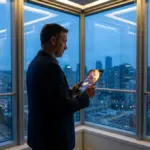 Business executive analyzing data on a tablet in a modern office setting.