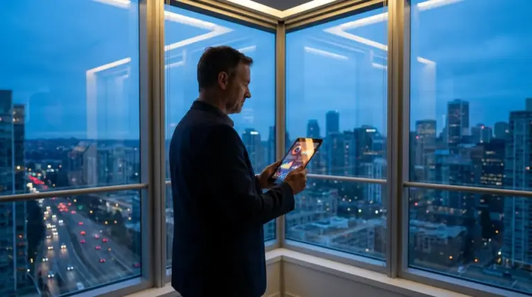 Business executive analyzing data on a tablet in a modern office setting.