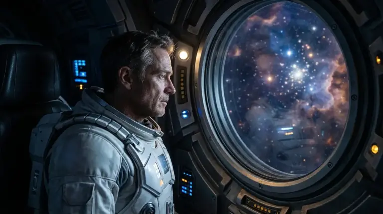 Ryan Gosling as astronaut Ryland Grace looking out a spaceship window in Project Hail Mary.