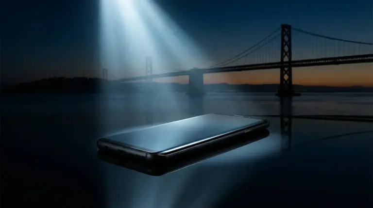 Silhouette of the Galaxy S26 against a San Francisco backdrop.
