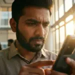 Person using a smartphone in a modern office setting.