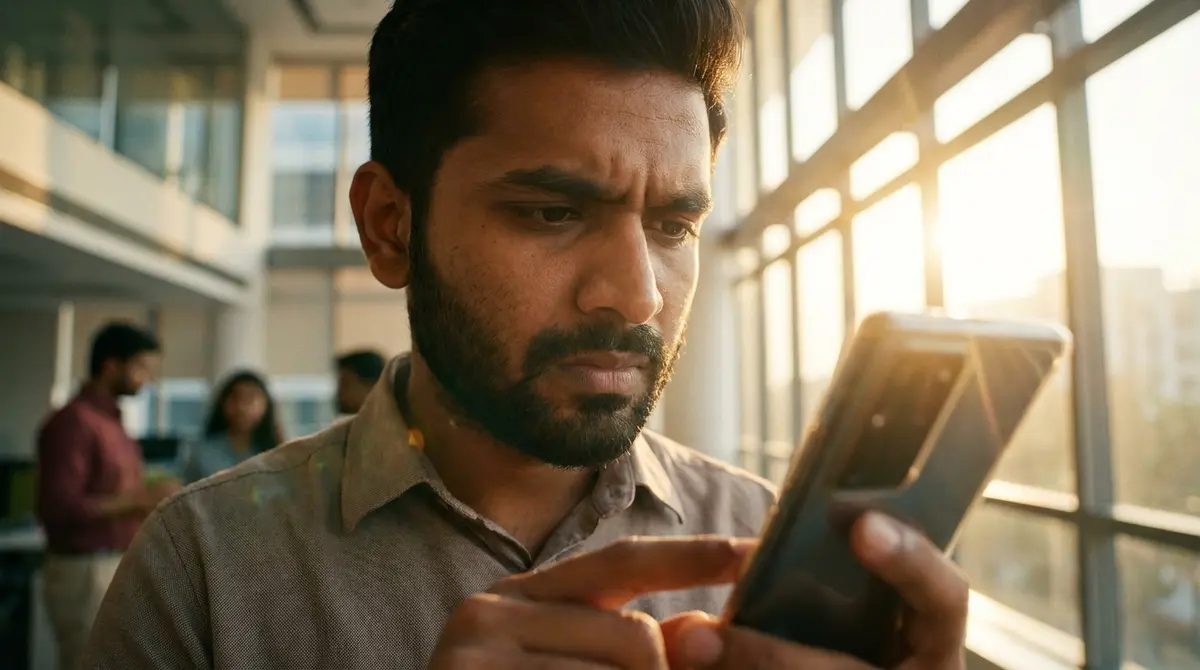 Person using a smartphone in a modern office setting.