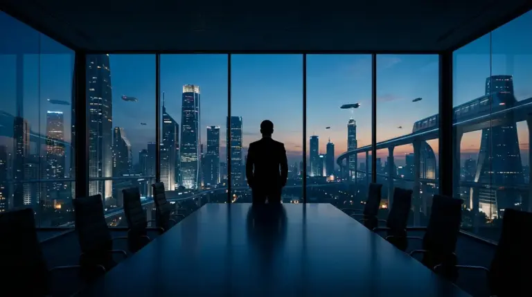 Silhouette of a corporate executive overlooking a city skyline