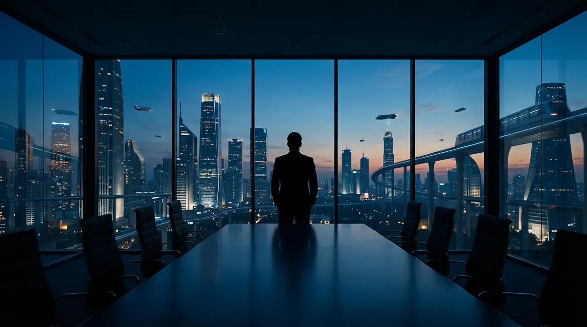 Silhouette of a corporate executive overlooking a city skyline