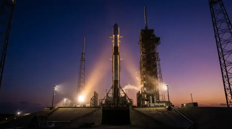 SpaceX Falcon 9 rocket on the launchpad prepared for liftoff at twilight