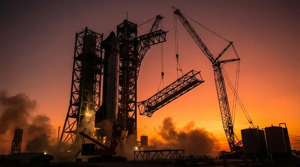 Cranes dismantling the crew access arm at Launch Complex 39A during sunset.