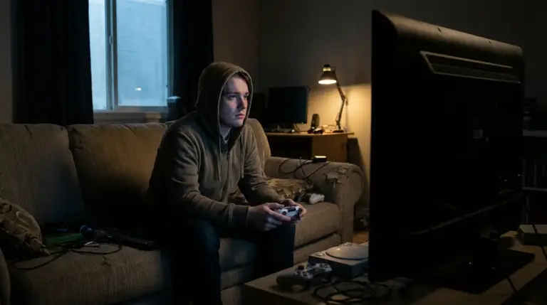 Gamer holding controller looking at blank screen representing server shutdown