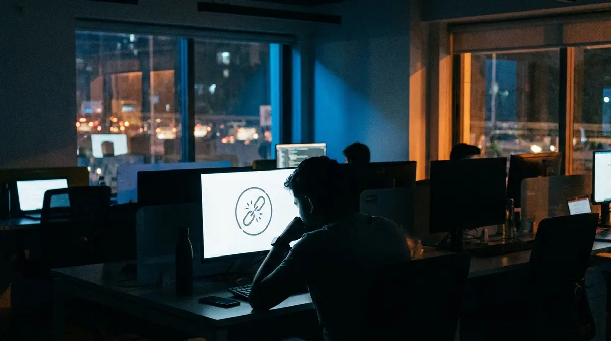 A developer in a dark office facing network connectivity issues on their monitor.