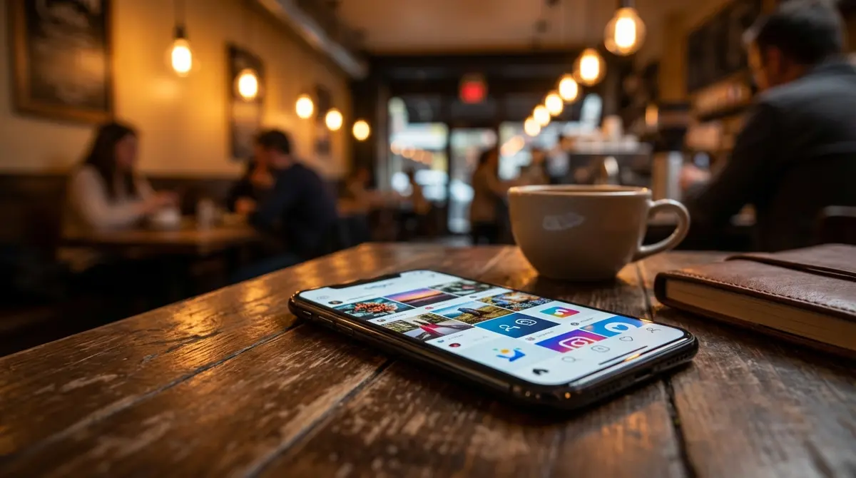 Smartphone on table displaying social media interface in a coffee shop setting.