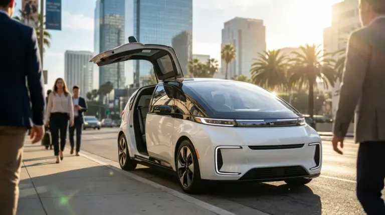 A Waymo robotaxi stranded on a street with an open door.