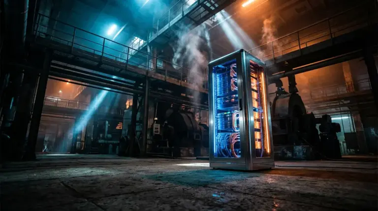 Futuristic server rack glowing in a dark industrial power plant setting