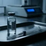 Medical vial and syringe in a dramatic laboratory setting representing clinical research.