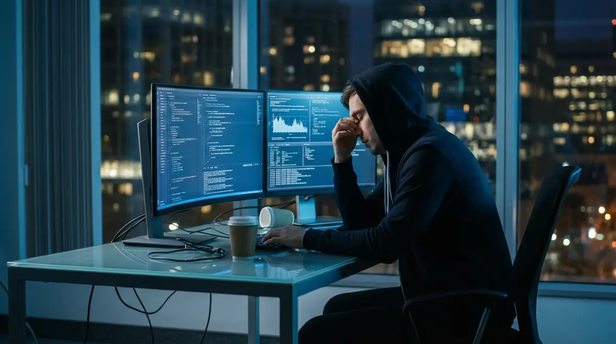 Tech worker experiencing burnout while working late at a computer desk