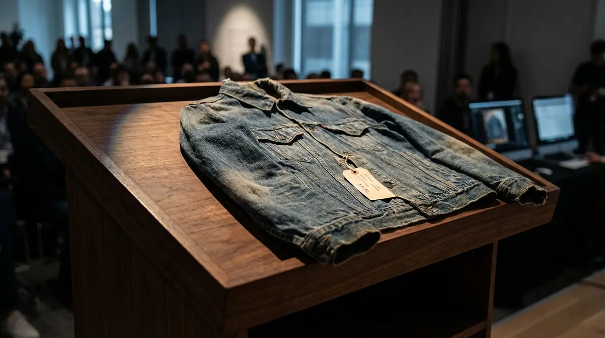 Vintage denim jacket on an auction podium symbolizing the Etsy and eBay deal